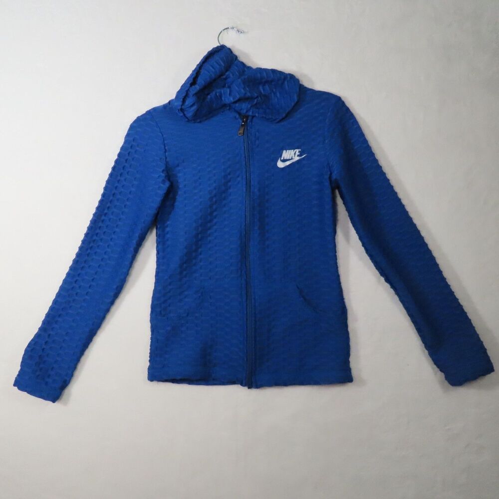 Nike Royal Blue Textured Knit Full Zip Hoodie Athletic Jacket